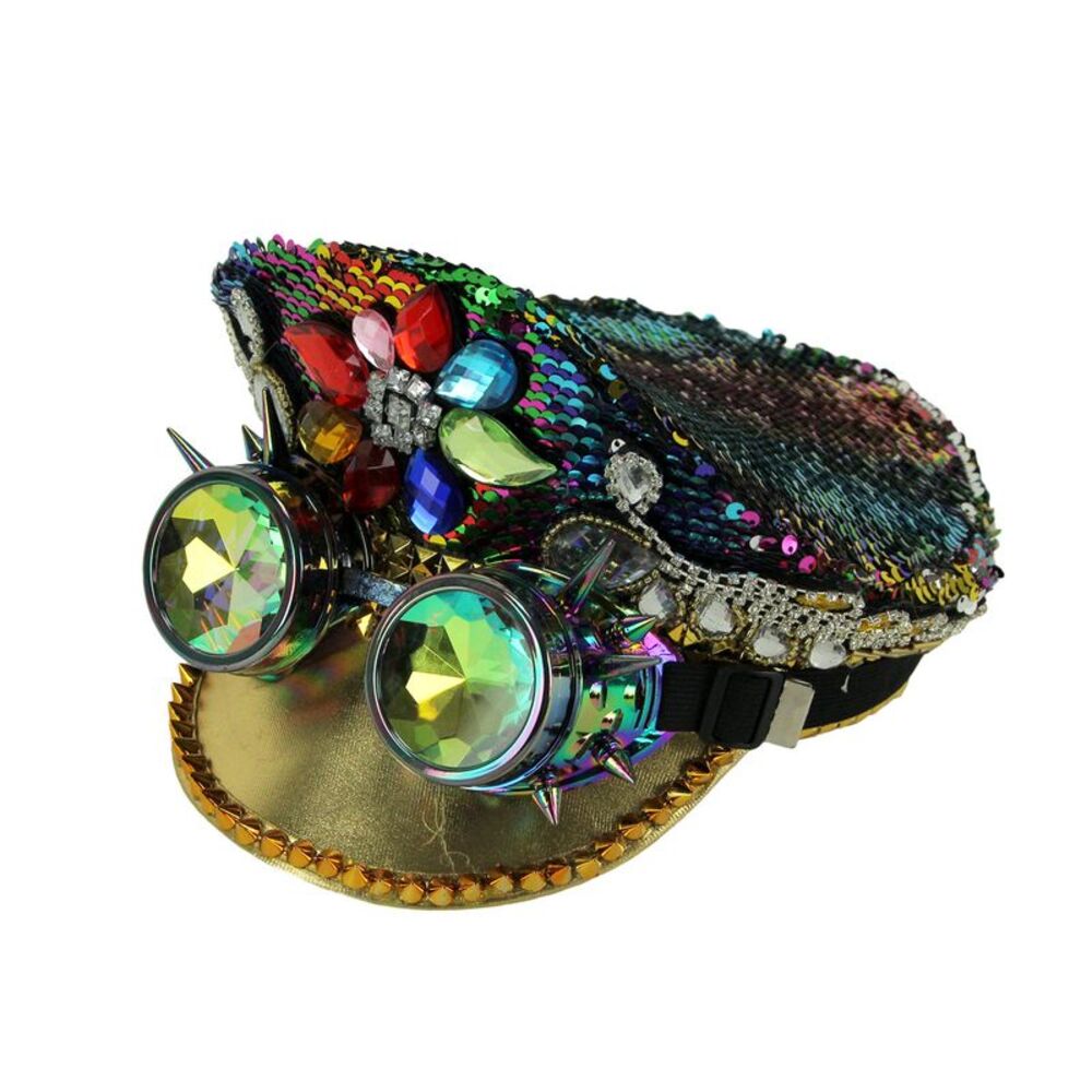 Fashion Forces Rainbow Sequin Peaked Cap and Goggles Adult Halloween Costume Hat